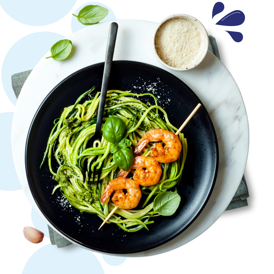 Recept Courgetti met avocado-pesto saus en garnalen